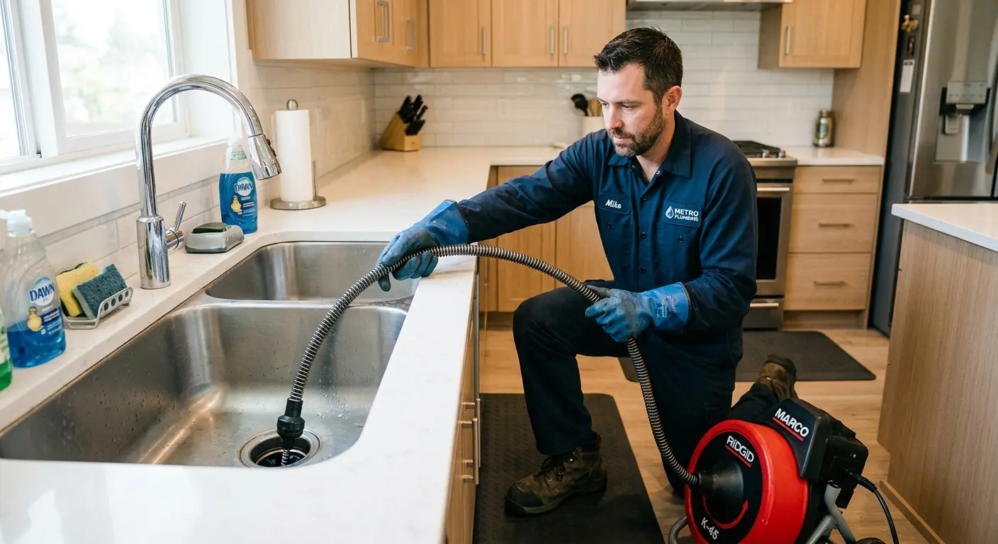 Drain cleaning technician using a motorized snake on a kitchen sink in South Kensington