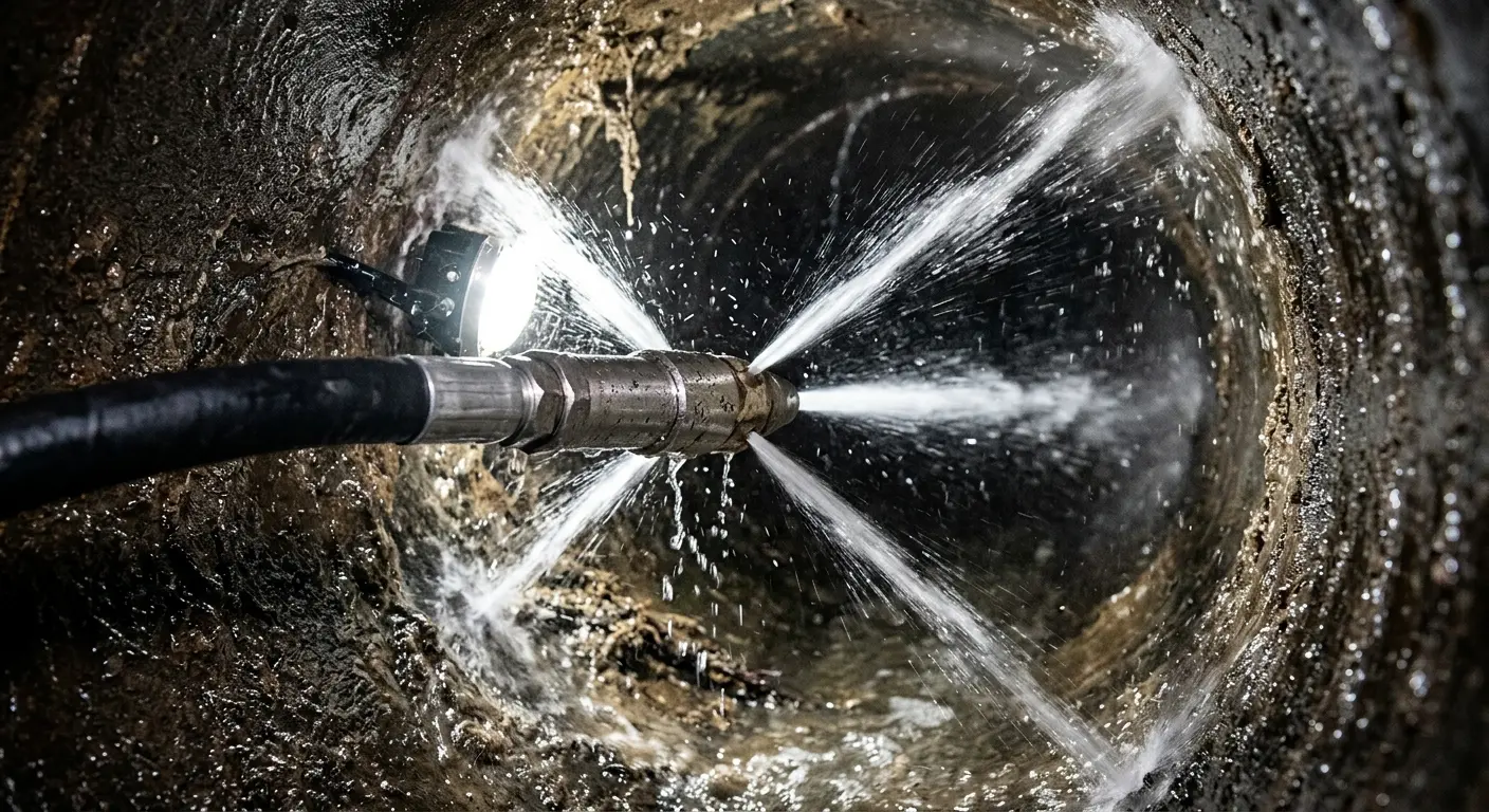 High-pressure hydro jetting nozzle cleaning sewer pipe for Trenchless Sewer Repair in South Kensington