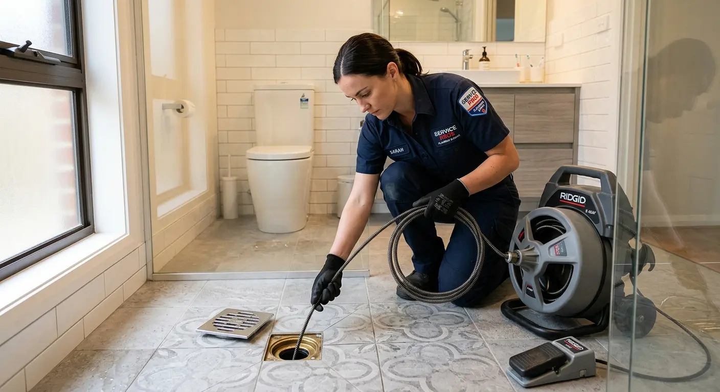 Technician clearing a bathroom floor drain for Clogged Drain Repair in South Kensington
